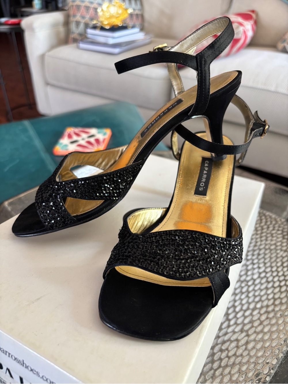Vintage Caparros Black Sequin Evening Sandals Heels Sz 5B - Picture 5 of 10
